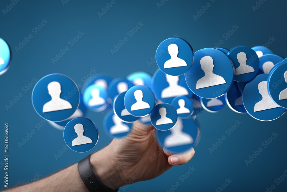 Poster hand interacting with digital profile icons, symbolizing social media connections and networking.