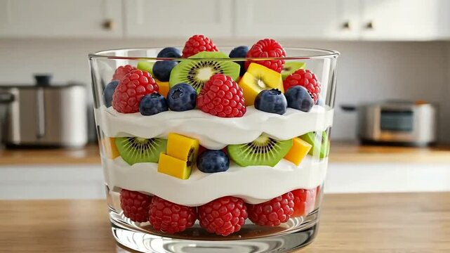 Layered fruit parfait in a glass a kitchen counter and cabinets in the background