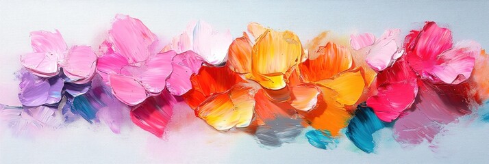 Vibrant impasto floral painting in pink orange and purple hues