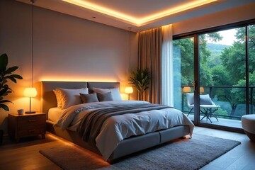 Create a serene and calming atmosphere in your master bedroom with this stunning lighting setup Soft ambient glow, perfect for relaxation and sleep , pendant lights, room
