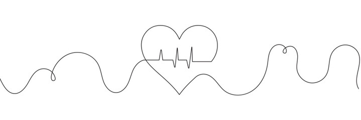 Continuous line drawing of heart with heartbeat. Pulse trace. Cardiogram icon. One line drawing. Single line art. Vector illustration.