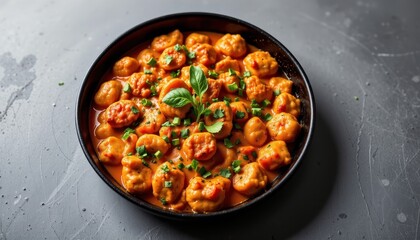 bold dish placed in a corner on a silver background, in an elegant food photography style, with bright flash lighting, sophisticated design, high resolution