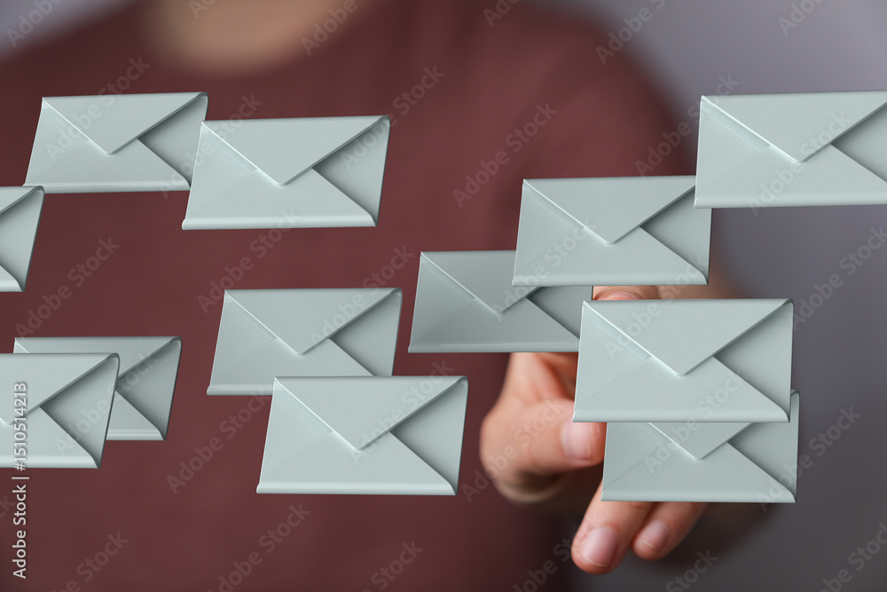 Leinwandbilder Person interacts with a digital stream of emails.  Concept of email management and inbox organization.