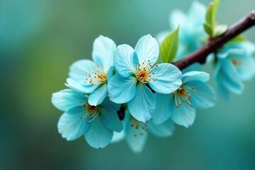 Vibrant teal colored spring blossoms on a blossoming branch, soft focus background, fresh, new growth, springtime freshness , green, spring growth