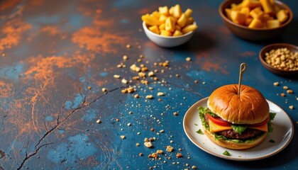 bold plate of burgers placed in the bottom right corner on a blue background, in an edgy and modern food photography style, with moody lighting intensity, spacious design, high resolution