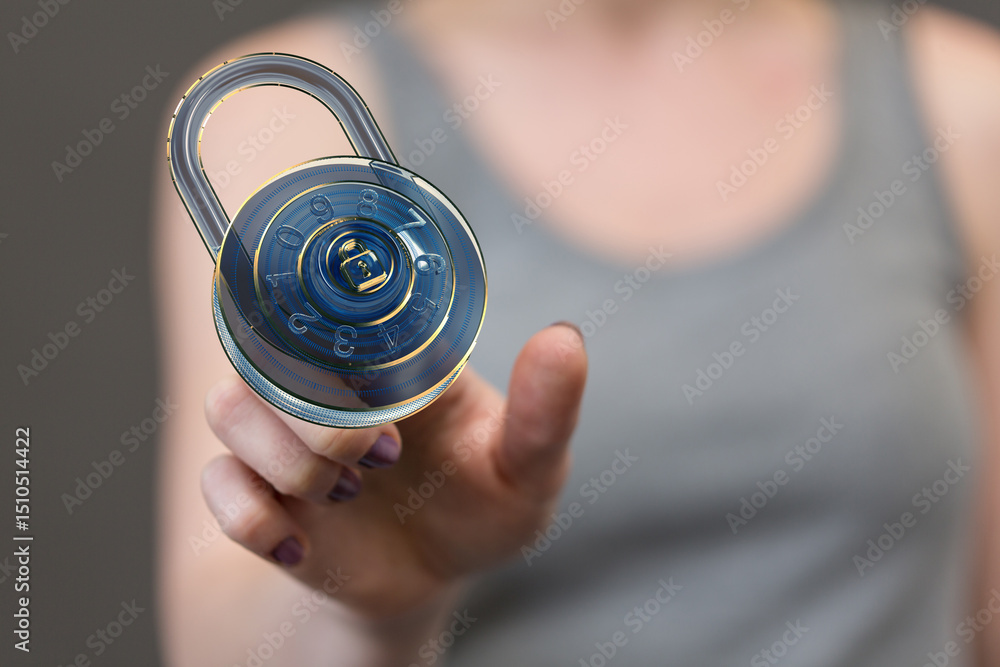 Poster secure your data. holographic padlock graphic on a woman's hand, representing digital security and d