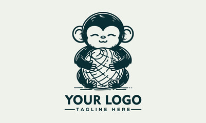 Illustrated monkey holding planet Earth gently with closed eyes and peaceful emotion. Environmental care concept
