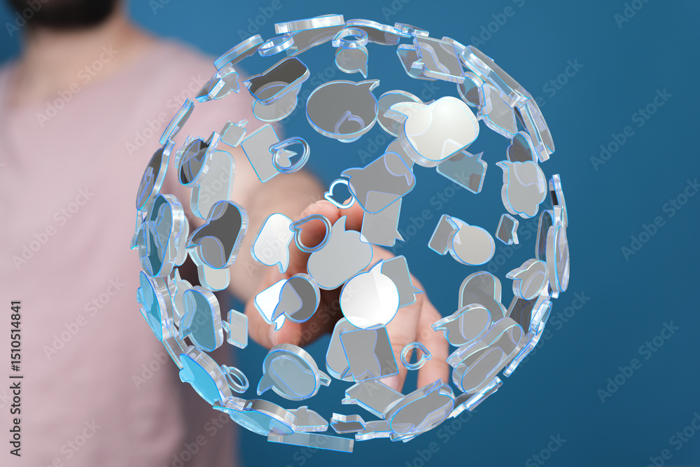 Fototapete abstract image of a hand interacting with a sphere of speech bubbles, representing global communicat
