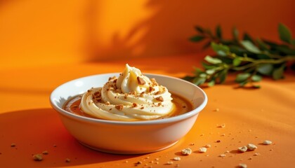 bold dessert dish in the corner on an orange background, under warm lighting, set against a cozy and inviting design, high resolution.