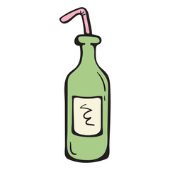 Glass bottle of cool drink with a straw. Relaxation on the beach. Vector illustration isolated on a white background for print, icons, stickers