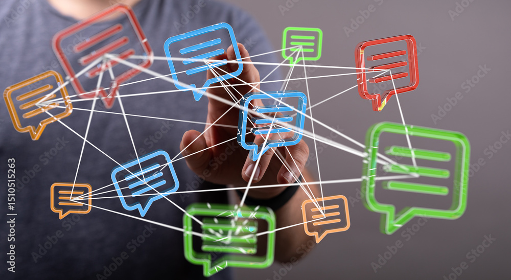 Poster conceptual image of interconnected communication, global network, messages, and ideas.