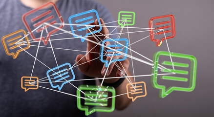 Conceptual image of interconnected communication, global network, messages, and ideas.