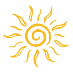 Fototapeta premium A stylized yellow sun with a spiral center and wavy rays on a white background.