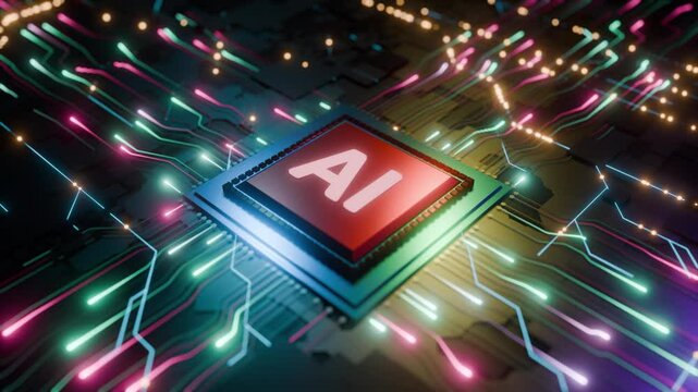 未来の高度な技術と革新を象徴する回路基板上のAIマイクロチップ