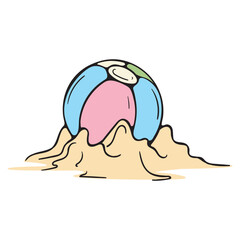 Inflatable children's ball in the sand. Relaxation on the beach. Vector illustration isolated on a white background for print, icons, stickers