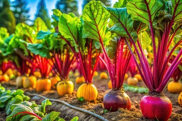 Surreal California Urban Garden: Closeup Beet & Turnip Rows - Vibrant Produce Photography