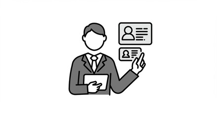 Suited presenter introduces data offering identifications in professional setup showcasing authority and trustworthiness