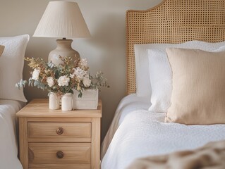 A well-kept and stylish bedroom featuring a comfortable bed with neatly made linens, decorative elements such as floral arrangements and lampshade, giving it an inviting and cozy ambiance.