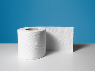 Minimalist studio shot of a tissue toilet paper roll standing on a white surface with a bright blue background. Clean and modern hygiene concept.