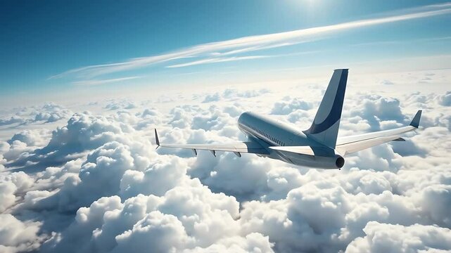 雲の上を飛行する旅客機（後方視点）
