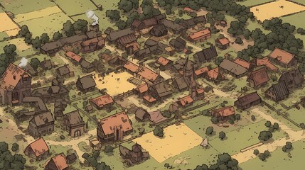 Fototapeta premium Detailed fantasy city map illustration, districts, architecture, lush surroundings.