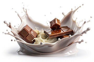 Surreal Milk Chocolate Splash Collision, Abstract Food Photography, Whimsical Dairy Dessert Image, Isolated White Background