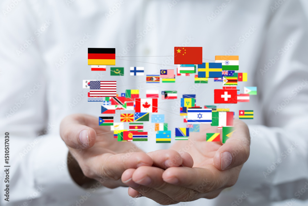 Poster Image of hands holding a network of interconnected world flags, symbolizing global connections and international relations.