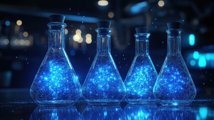 Glowing blue erlenmeyer flasks in a dark laboratory setting