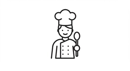 Obraz premium Professional chef smiles holding spoon in restaurant food preparation service outline icon