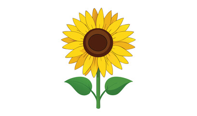 Fototapeta premium Vibrant Cartoon Sunflower Illustration Featuring Yellow Petals, Brown Center, Green Stem, and Leaves on White Background