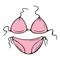 Pink women's swimsuit. Relaxation on the beach. Vector illustration isolated on a white background for print, icons, stickers