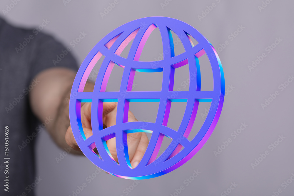 Poster person holding a vibrant 3d globe icon, symbolizing global connectivity and networking.