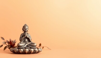 Serene Buddha Statue Meditating on a Lotus Flower with Peach Background