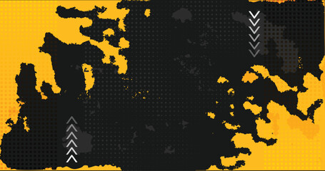 Vector orange grey black abstract background. Polluted world halftone  pattern. Square HUD brush stroke geometric pattern. Dirty comic map arrows squares. Yellow splash design. Grid gradient pop art