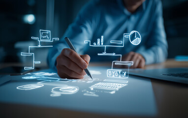 Business professional analyzing big data visualization on laptop computer screen