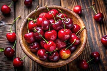 Sweet Cherry Photography: Ripe Berries in Wooden Bowl, Top View Close-up