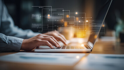 Business professional analyzing big data visualization on laptop computer screen