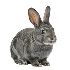 Obraz premium Gray rabbit sitting calmly, fluffy fur, bright eyes, ideal for pet care themes or nature education content. Isolated on white background or PNG