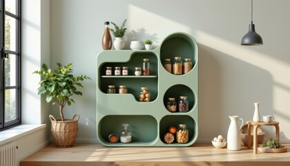 modern spice rack in a minimalist style, using faded green palette, smooth shapes, airy design, contemporary feel, high resolution