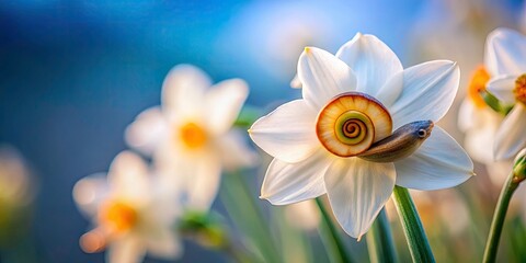 Tilt-Shift Miniature Snail on Narcissus Flower - Macro Photography