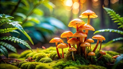 Tilt-Shift Miniature Vibrant Orange Mushrooms in Lush Green Forest - Fantasy Fairy Tale Scene