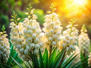 Tilt-Shift Miniature Yucca Flowers, Blooming Desert Plant, Closeup Macro Photography