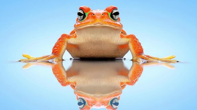 Bright Colored Frog Reflecting on Calm Water with Blue Background and Detailed Features of Its Skin