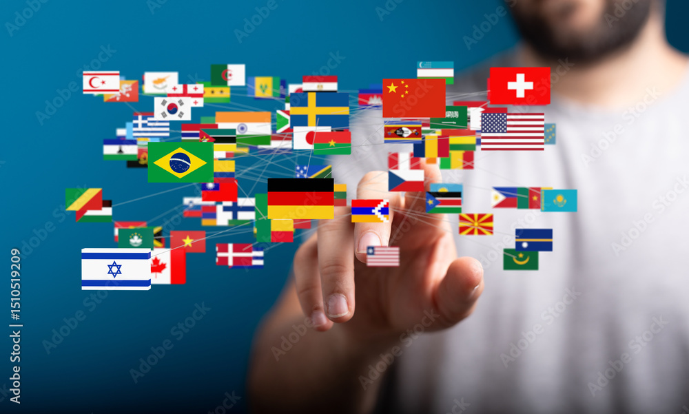 Poster a person interacts with a digital network of flags, representing global connectivity.