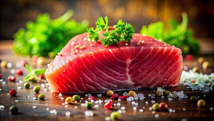 Tilt-Shift Photography: Fresh Raw Tuna Steak - High-Resolution Image, Macro Closeup, Sashimi Grade, Seafood, Culinary Photography