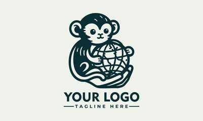 Illustrated monkey holding planet Earth gently with closed eyes and peaceful emotion. Environmental care concept
