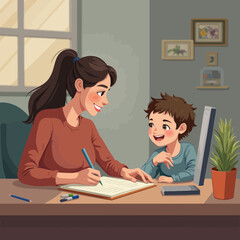 Happy Family Doing Homework Together