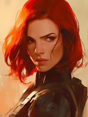 Anime woman character, red hair, serious expression, bodysuit with armor elements, strength, combat readiness.