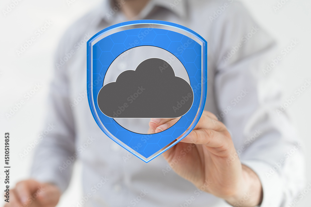 Poster cloud security concept. digital shield protecting cloud data. businessman.