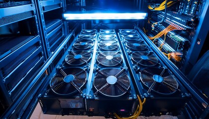 high tech cryptocurrency gpu mining rig with led lighting hardware in data center